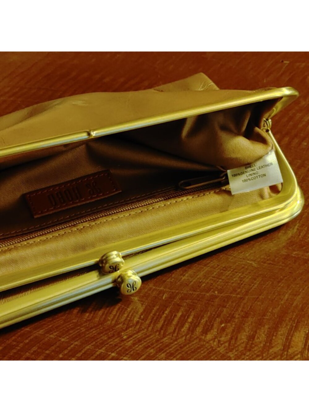 Hobo Metallic Wallet Clutch Kisslock Lauren Cameo Leather Double Frame Brass - Picture 6 of 13